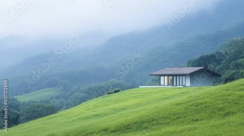 New Year wellness retreat in a serene natural landscape, sustainable architecture, peaceful mood