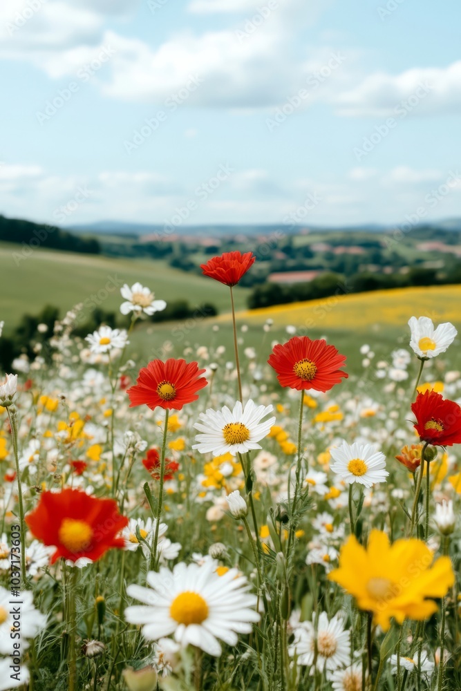 A vibrant field of flowers in various colors under a blue sky. A vibrant field of flowers in various colors under a blue sky.