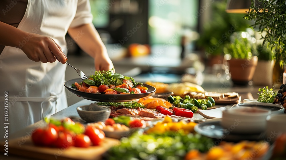 Person serving a caloriecontrolled brunch with fresh fruits and vegetables in a clean kitchen Person serving a caloriecontrolled brunch with fresh fruits and vegetables in a clean kitchen