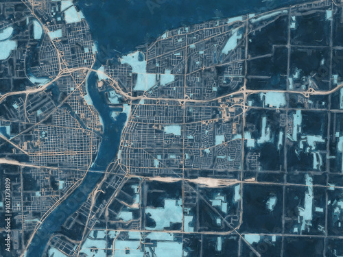 Painterly Style City Map of Sarnia Ontario, Canada in a Blue Color Scheme.