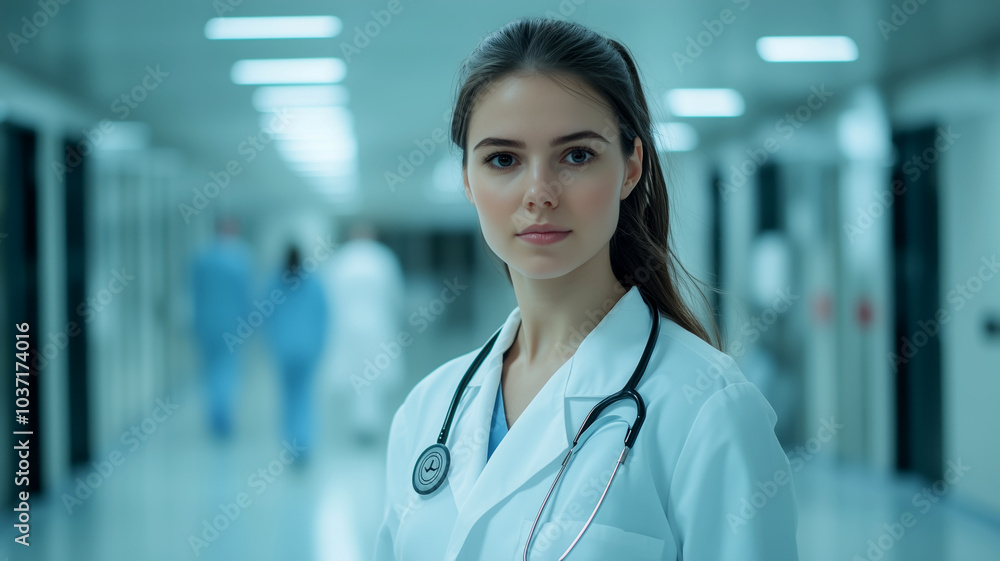 Confident female doctor in a hospital corridor Confident female doctor in a hospital corridor