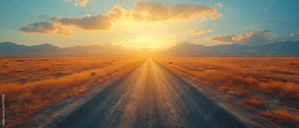 Endless Road in Golden Light, a tranquil scene of a deserted road stretching across a vast plain under the warmth of a rising sun Endless Road in Golden Light, a tranquil scene of a deserted road stretching across a vast plain under the warmth of a rising sun