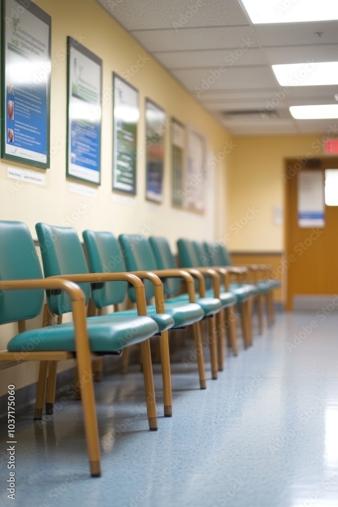 A waiting area with teal chairs and informational posters on the walls. A waiting area with teal chairs and informational posters on the walls.