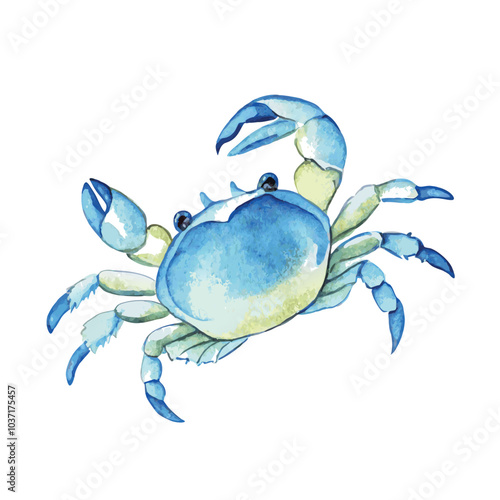 Hand drawn watercolor vector illustration of blue crab with beautiful gradient