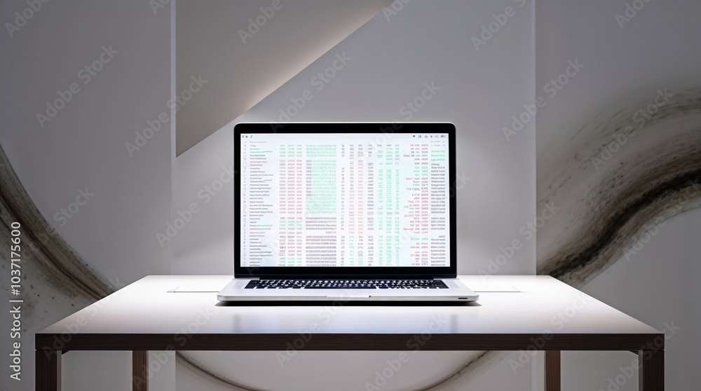 A sleek laptop sits on a modern table displaying financial data, showcasing a minimalist and professional office workspace. The clean, neutral-toned environment emphasizes productivity and focus, idea A sleek laptop sits on a modern table displaying financial data, showcasing a minimalist and professional office workspace. The clean, neutral-toned environment emphasizes productivity and focus, idea