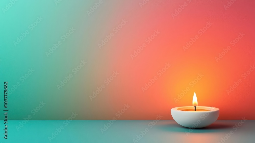 A soft glow from a candle illuminates a simple white holder against a vibrant gradient background of teal and coral. A soft glow from a candle illuminates a simple white holder against a vibrant gradient background of teal and coral.