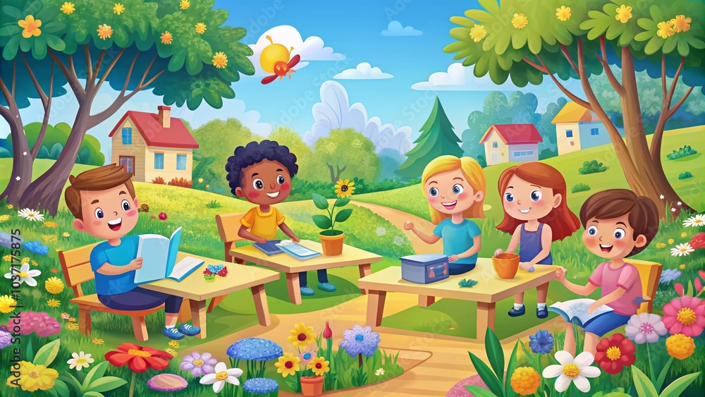 Obraz premium Collaborative Learning in a Joyful Landscape: Engaging Peers in Nature's Classroom