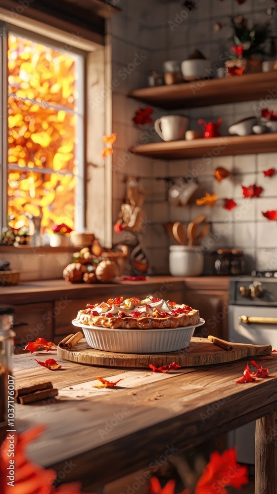 Naklejka premium A cozy kitchen scene featuring a freshly baked pie surrounded by autumn leaves and warm sunlight streaming through the window.