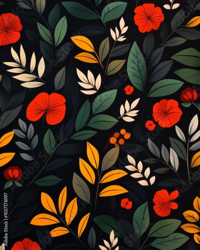 A vibrant floral pattern featuring red flowers and green leaves on a dark background.