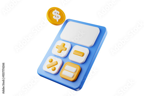 Realistic calculator icon floating in mid-air with dollar coins on top. 3D rendering.