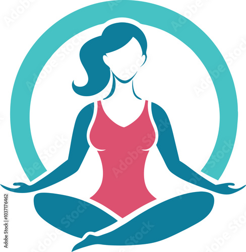 Serene Yoga Woman Logo: A stylized illustration of a woman in a serene yoga pose, encircled by a calming teal ring. Perfect for wellness brands, yoga studios, or mindfulness apps.  