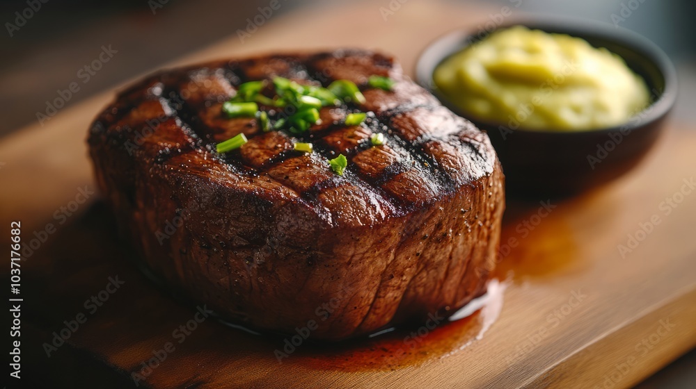 A perfectly cooked grilled steak with a side of mashed potatoes. A perfectly cooked grilled steak with a side of mashed potatoes.