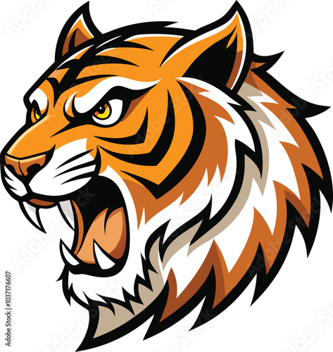 Raging Tiger Mascot: A fierce and powerful tiger head mascot with a snarling expression, ready to unleash its strength.  Perfect for sports teams, businesses. photo