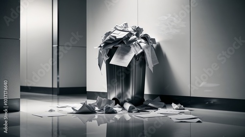 A monochrome image capturing an overflowing trash bin surrounded by a mess of crumpled papers. The scene highlights themes of waste, clutter, and urban neglect, set against a plain wall that adds cont