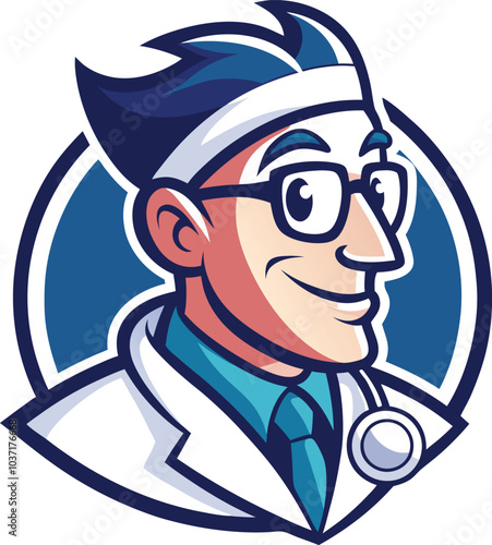 Smiling Doctor Cartoon Mascot:  A friendly cartoon doctor, wearing a white coat, glasses, and a stethoscope, smiles warmly. This cheerful mascot is perfect for healthcare businesses, clinics.