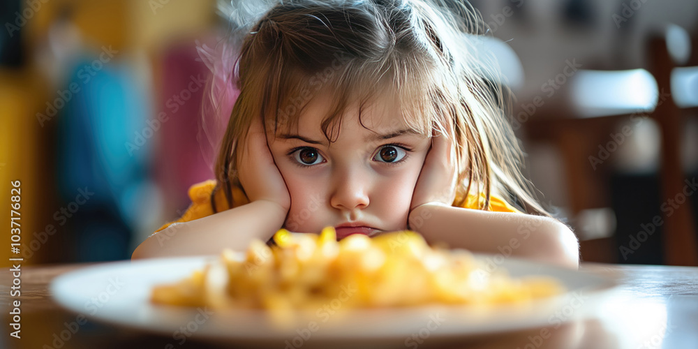 Sad little girl sitting in front of a dish and refusing to eat. Avoidant restrictive food intake disorder (ARFID), food sensory issues or picky eating concept. Sad little girl sitting in front of a dish and refusing to eat. Avoidant restrictive food intake disorder (ARFID), food sensory issues or picky eating concept.