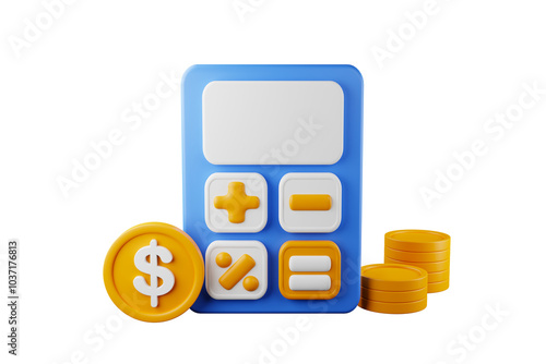 Realistic calculator icon with dollar coins on the side and two stacks of coins. 3D rendering. photo