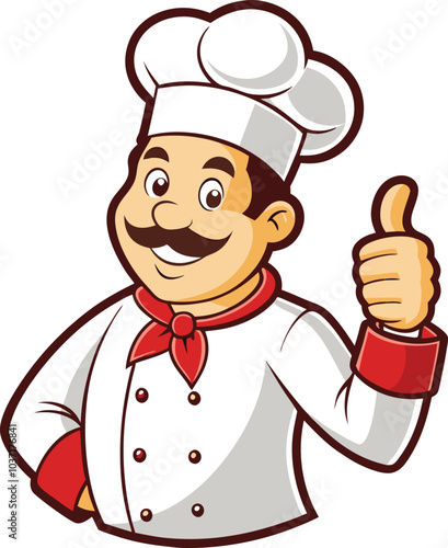 Chef's Thumbs Up: A cheerful cartoon chef gives a thumbs-up, showcasing culinary expertise and delicious food.  Perfect for restaurants, food blogs, and cooking websites.