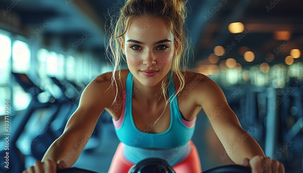 Determined Cyclist in Bright Sports Gear Pedaling in Modern Gym Determined Cyclist in Bright Sports Gear Pedaling in Modern Gym