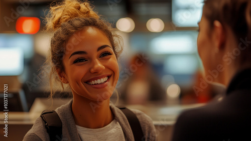 Wallpaper Mural Young woman smiling warmly at a friend in a busy setting Torontodigital.ca