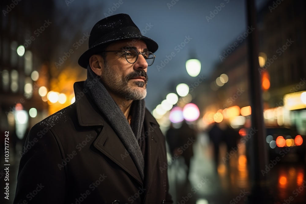Portrait of a stylish middle-aged man wearing a hat and coat on a city street at night Portrait of a stylish middle-aged man wearing a hat and coat on a city street at night