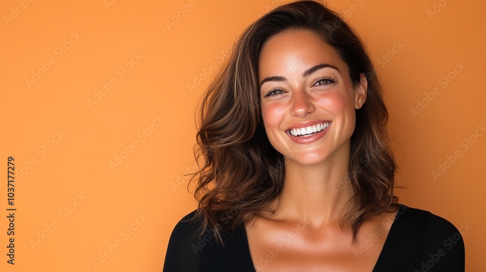 cute woman with beautiful tan laughs looking at camera cute woman with beautiful tan laughs looking at camera