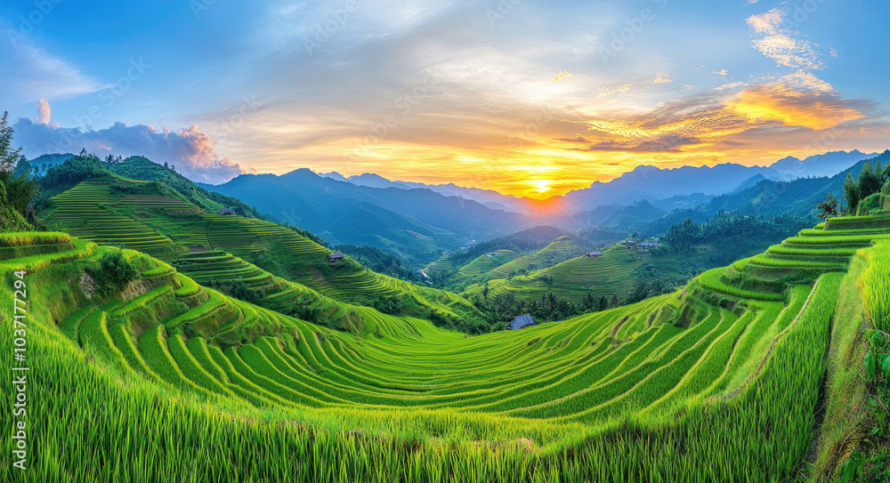 A breathtaking view of rice terraces at sunset, with the sun setting behind them and casting long shadows over the lush green fields A breathtaking view of rice terraces at sunset, with the sun setting behind them and casting long shadows over the lush green fields