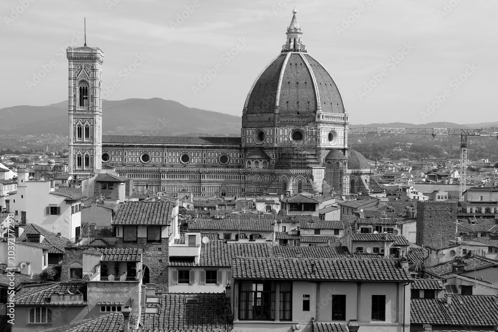 Fototapeta premium Black and white photo of the historic part of the city of Florence (Italy) with the Cathedral Cattedrale di Santa Maria del Fiore in the center of the photo against the background of the mountains