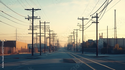 Power lines crisscross overhead, adding to the urban landscape 