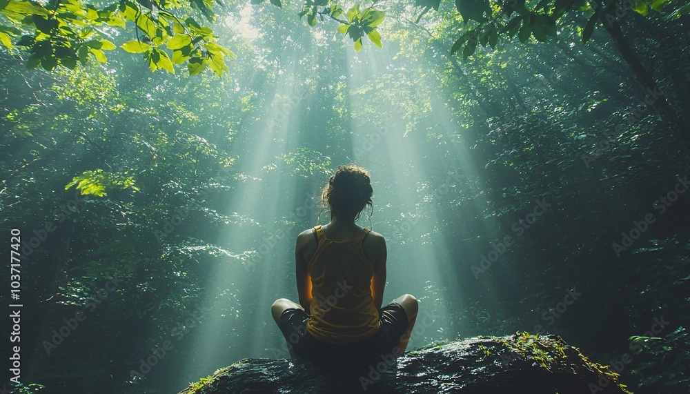 Serene Hiker Relaxing on Log Surrounded by Lush Forest Canopy with Sunlight Filtering Through - Peaceful Outdoor Exploration Concept Serene Hiker Relaxing on Log Surrounded by Lush Forest Canopy with Sunlight Filtering Through - Peaceful Outdoor Exploration Concept