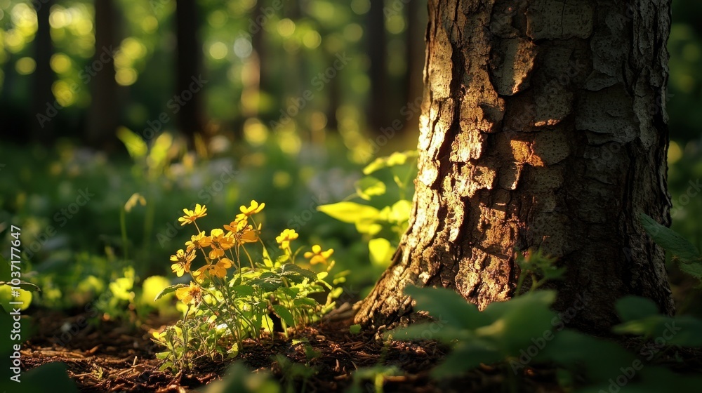 Obraz premium Golden Sunlight Through Forest