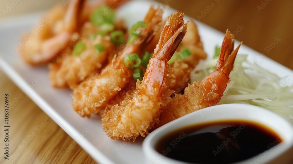 A white plate of breaded fried shrimp with a small dish of soy sauce on a wooden table. A white plate of breaded fried shrimp with a small dish of soy sauce on a wooden table.