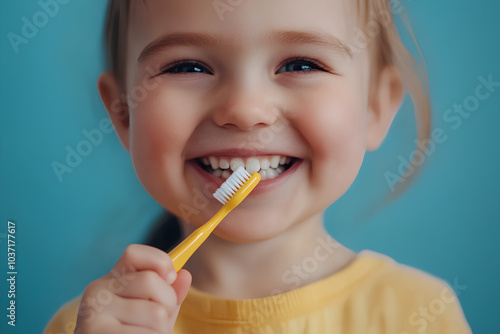 Young girl is brushing her teeth with a yellow toothbrush