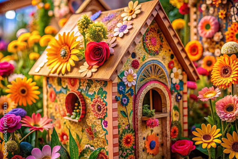 Fototapeta premium Colorful Floral Patterned Cardboard House Model for Creative Home Decor and Artsy Projects
