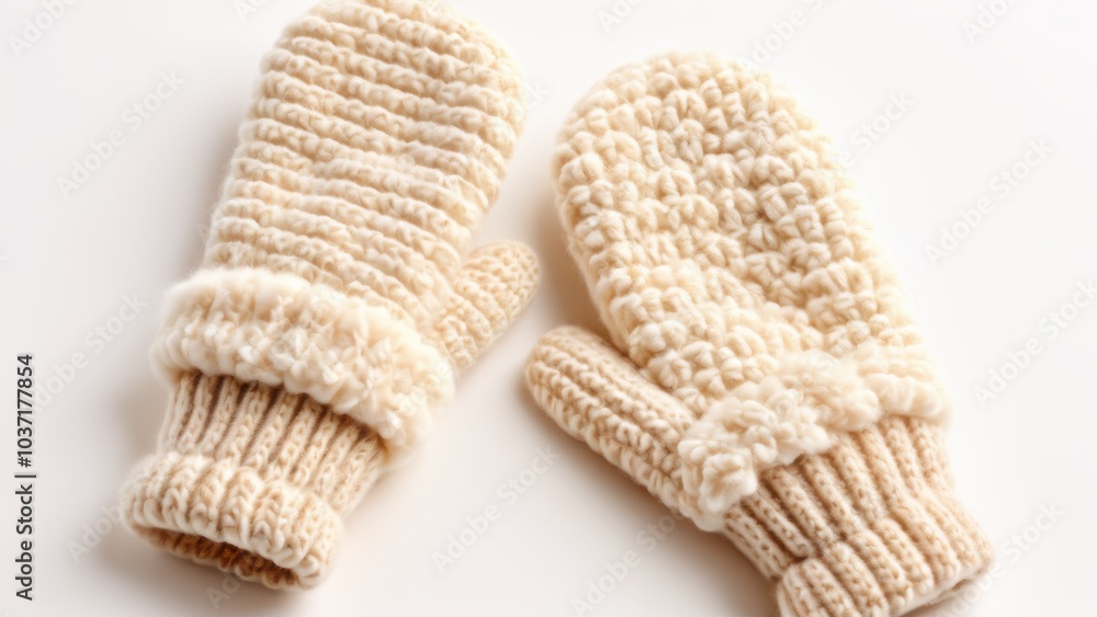 Close-up illustration of fuzzy mittens, soft and fluffy texture, warm beige and cream tones Close-up illustration of fuzzy mittens, soft and fluffy texture, warm beige and cream tones