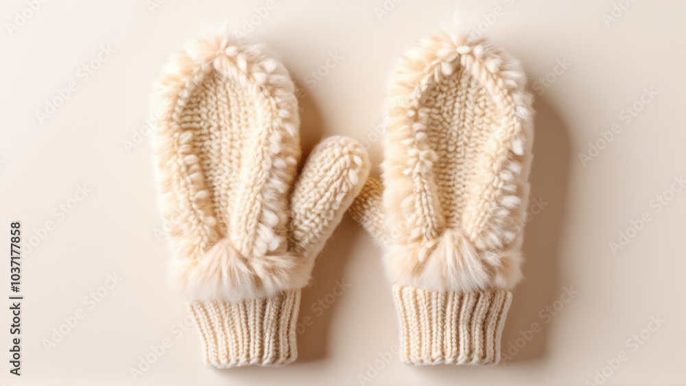 Close-up illustration of fuzzy mittens, soft and fluffy texture, warm beige and cream tones Close-up illustration of fuzzy mittens, soft and fluffy texture, warm beige and cream tones