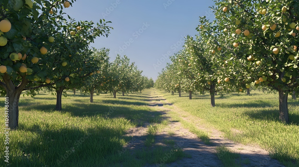 Naklejka premium 47. A peaceful orchard with ripe fruit trees under a clear sky, inviting for a leisurely stroll