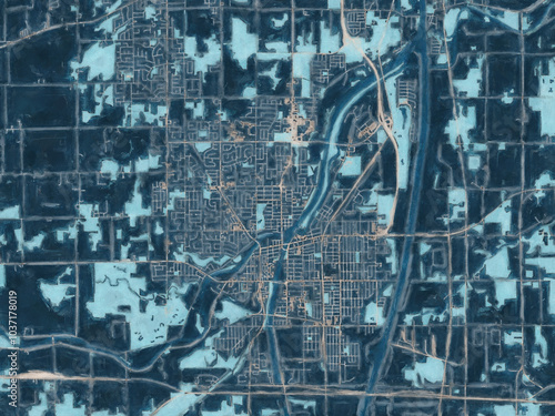 Painterly Style City Map of Welland Ontario, Canada in a Blue Color Scheme.