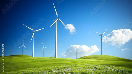 Renewable Energy - A serene landscape featuring wind turbines on green hills under a clear blue sky.