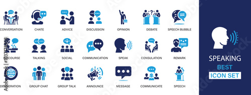 Speaking best solid icon set collection. Conversation, chat, advice, discussion, opinion, debate, talking, communication and vector illustration.