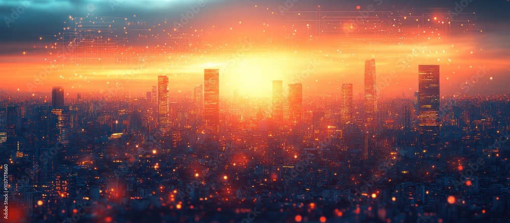 Fototapeta premium A vibrant city skyline at sunset, with glowing lights and a warm atmosphere.