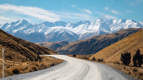 50. A winding mountain road with stunning views of snow-capped peaks and a clear blue sky photo