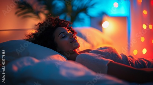 Resting in Bed illuminated by soft lighting, showing a person lying comfortably on plush pillows in a cozy, peaceful bedroom photo