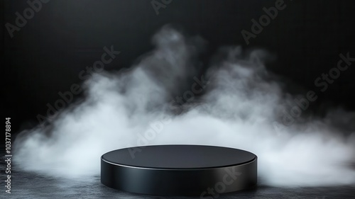 Black podium surrounded by soft eerie mist, minimal Halloween theme