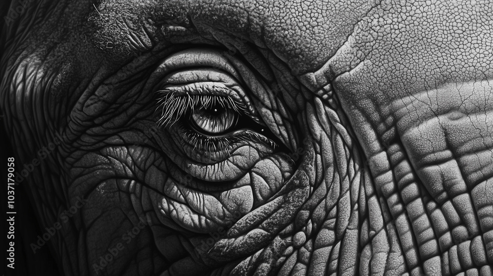 Close-up of an elephant's eye and detailed textured skin, wisdom reflected in the deep gaze of an elephant's eye Close-up of an elephant's eye and detailed textured skin, wisdom reflected in the deep gaze of an elephant's eye