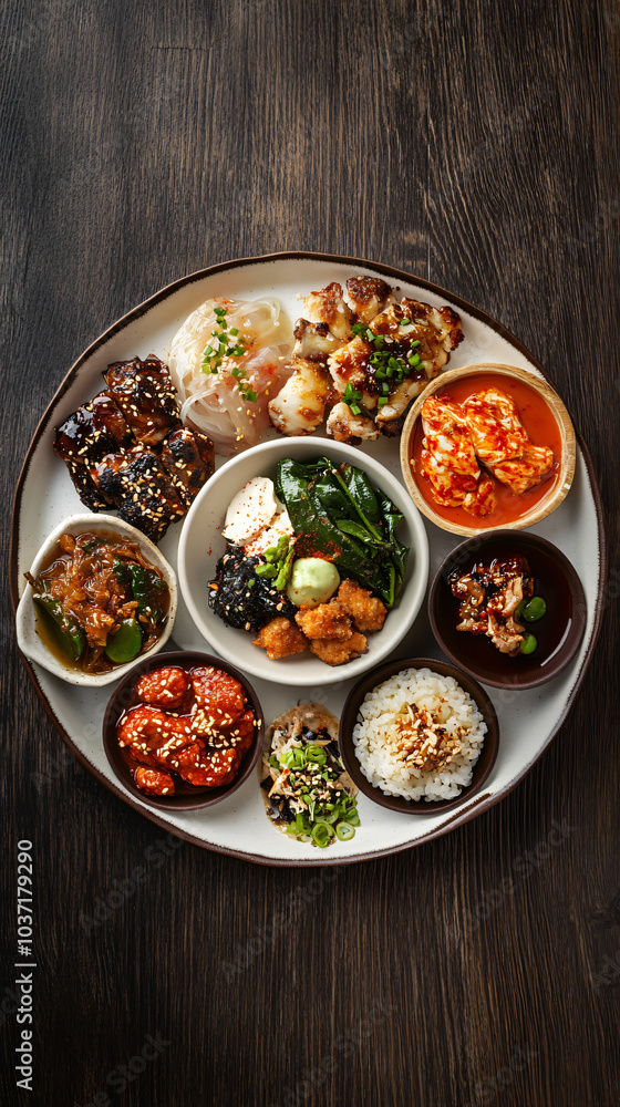 Tempting variety of korean dishes are beautifully arranged on a platter, highlighting the rich flavors and culinary heritage of korea Tempting variety of korean dishes are beautifully arranged on a platter, highlighting the rich flavors and culinary heritage of korea