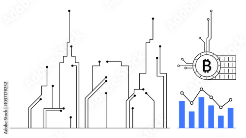Abstract cityscape represented with circuit-like lines combined with Bitcoin symbol and a blue bar chart. Ideal for cryptocurrency significance technology data analysis finance urbanization digital