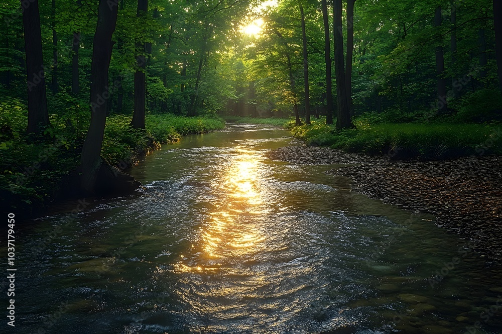 Fototapeta premium A serene sunset reflects on a tranquil river flowing through a lush green forest, creating a picturesque nature scene.