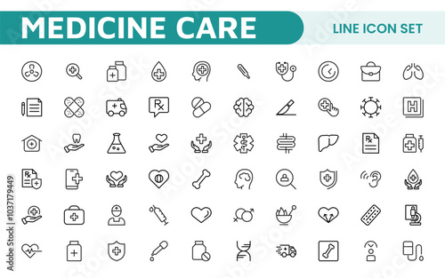 Set of Medical web icons in line style. Medicine and Health Care, RX. Medicine, check up, doctor, dentistry, pharmacy, lab, scientific discovery, collection.