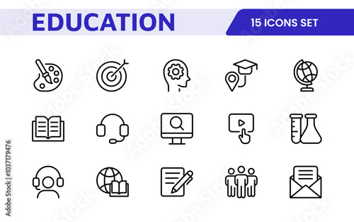 Education line icons collection. Big UI icon set in a flat design. Thin outline icons pack. Thin line icons set of academic subjects and education. Outline symbol collection.